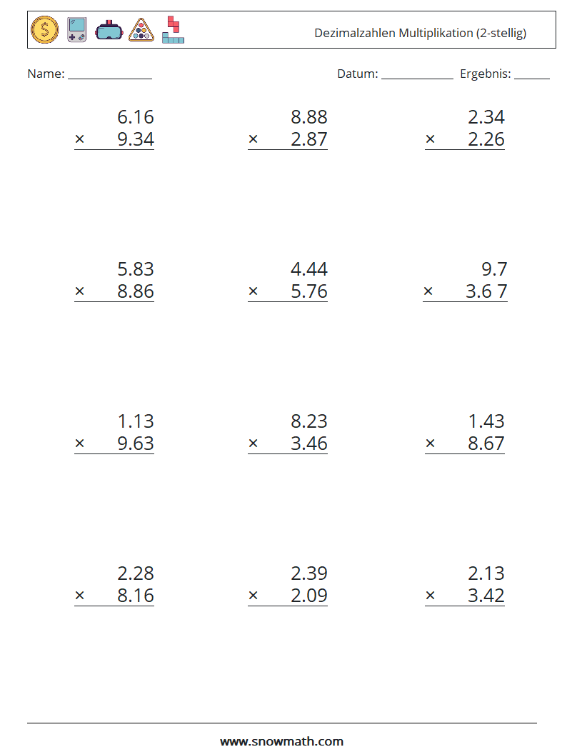 (12) Dezimalzahlen Multiplikation (2-stellig) Mathe-Arbeitsblätter 9