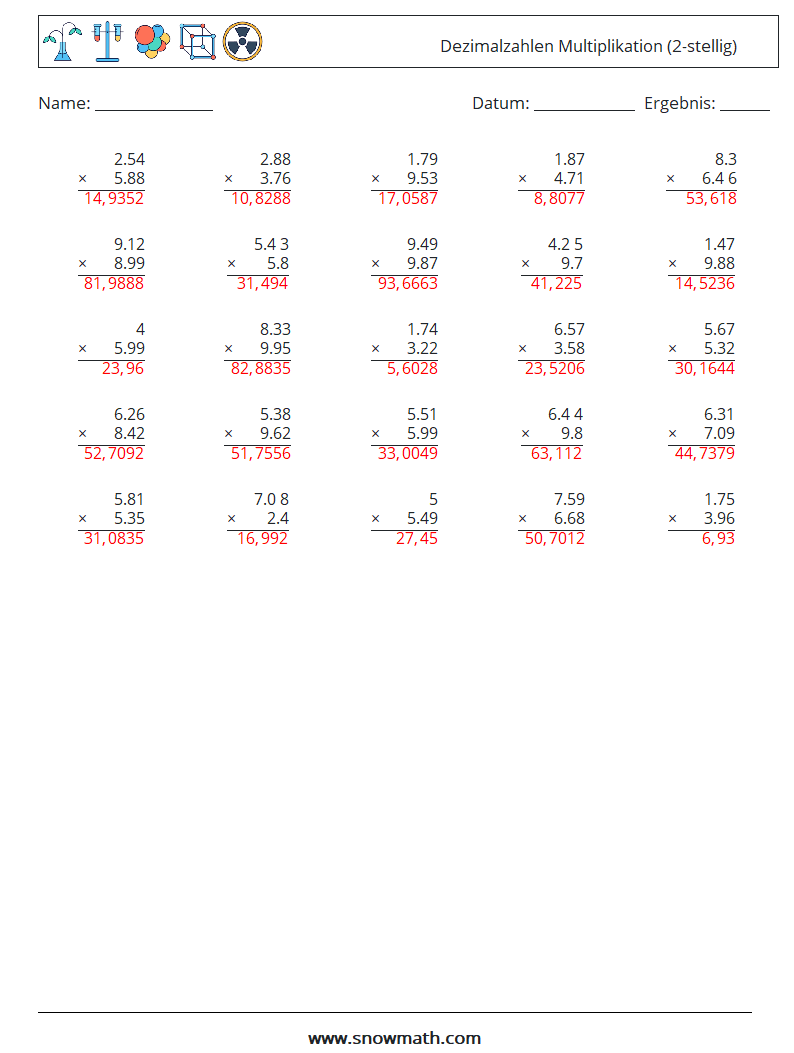 (25) Dezimalzahlen Multiplikation (2-stellig) Mathe-Arbeitsblätter 10 Frage, Antwort