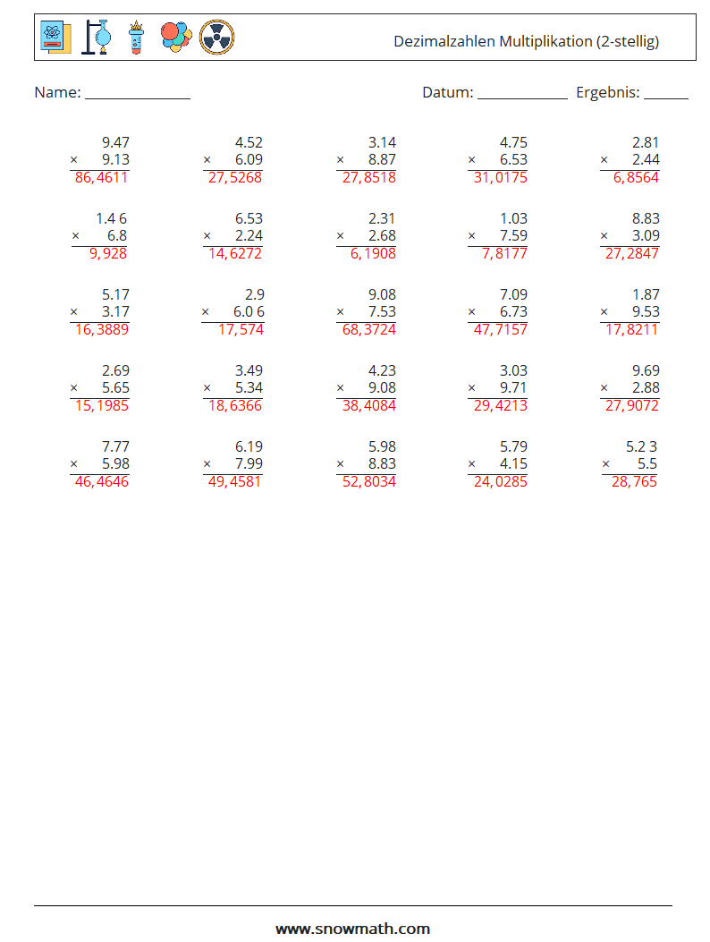 (25) Dezimalzahlen Multiplikation (2-stellig) Mathe-Arbeitsblätter 11 Frage, Antwort