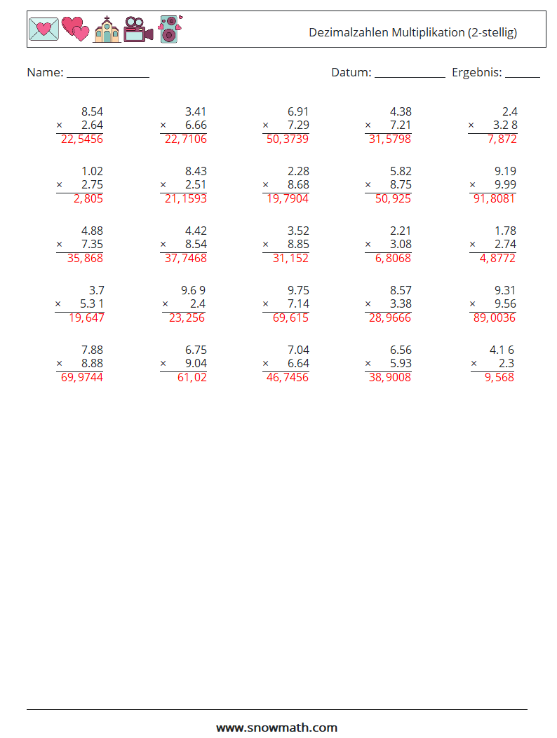 (25) Dezimalzahlen Multiplikation (2-stellig) Mathe-Arbeitsblätter 12 Frage, Antwort