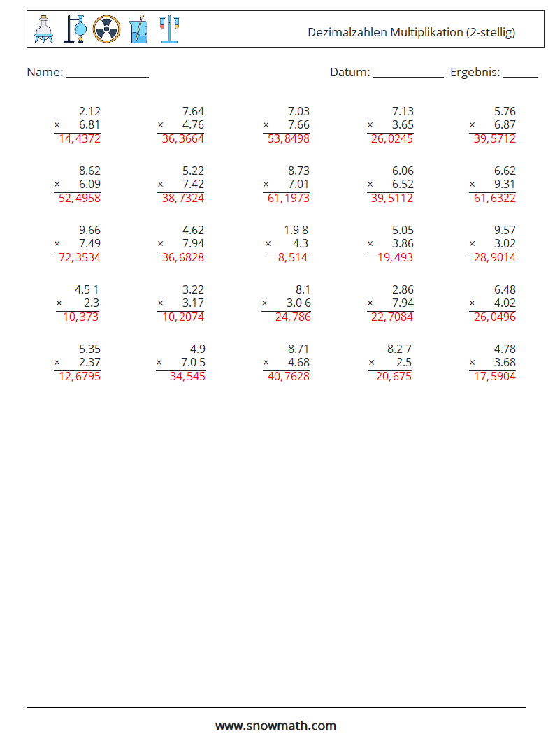 (25) Dezimalzahlen Multiplikation (2-stellig) Mathe-Arbeitsblätter 13 Frage, Antwort