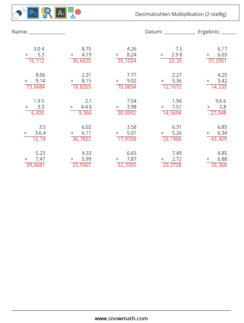 (25) Dezimalzahlen Multiplikation (2-stellig) Mathe-Arbeitsblätter 14 Frage, Antwort