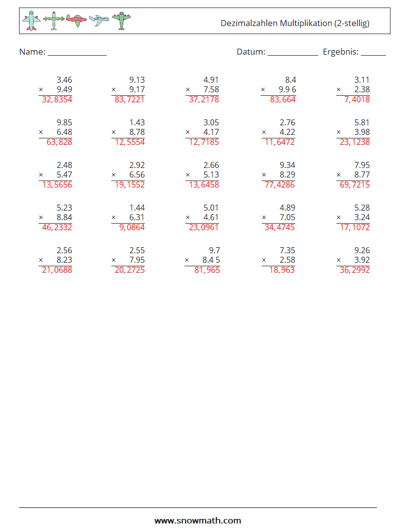(25) Dezimalzahlen Multiplikation (2-stellig) Mathe-Arbeitsblätter 15 Frage, Antwort