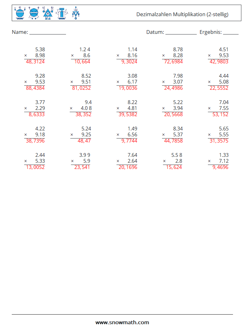 (25) Dezimalzahlen Multiplikation (2-stellig) Mathe-Arbeitsblätter 16 Frage, Antwort