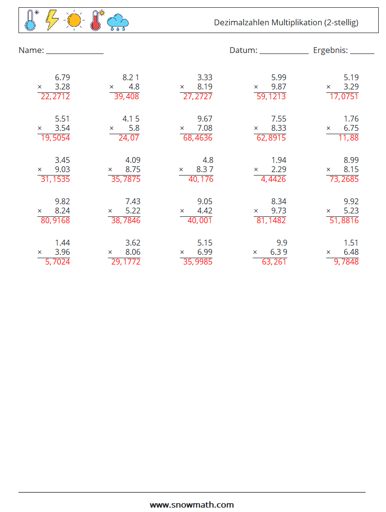 (25) Dezimalzahlen Multiplikation (2-stellig) Mathe-Arbeitsblätter 17 Frage, Antwort