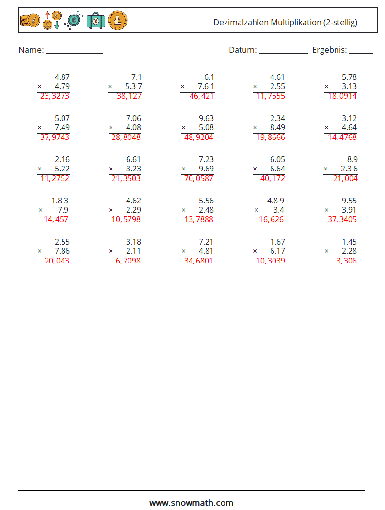 (25) Dezimalzahlen Multiplikation (2-stellig) Mathe-Arbeitsblätter 18 Frage, Antwort