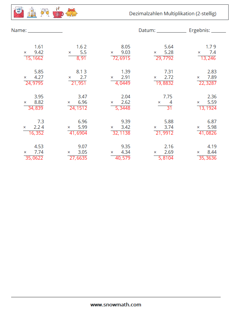 (25) Dezimalzahlen Multiplikation (2-stellig) Mathe-Arbeitsblätter 2 Frage, Antwort