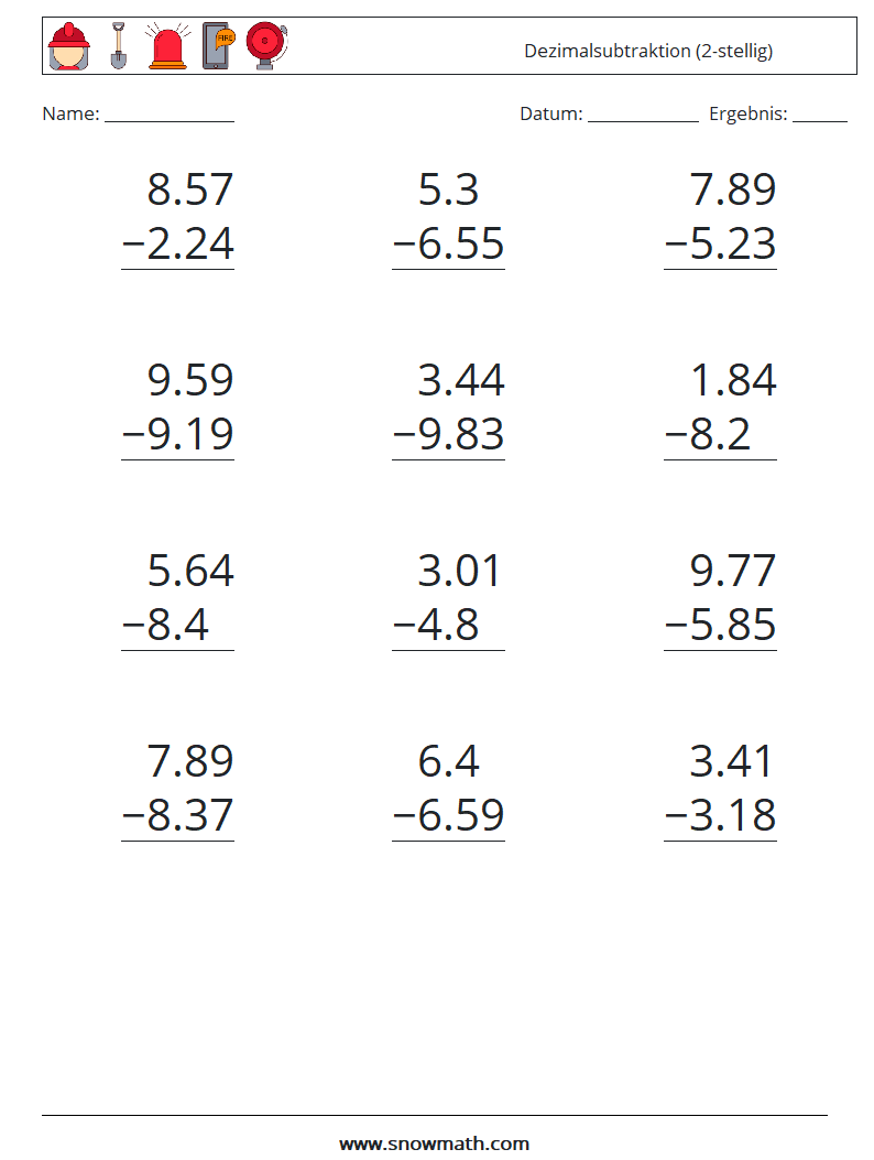 (12) Dezimalsubtraktion (2-stellig) Mathe-Arbeitsblätter 16
