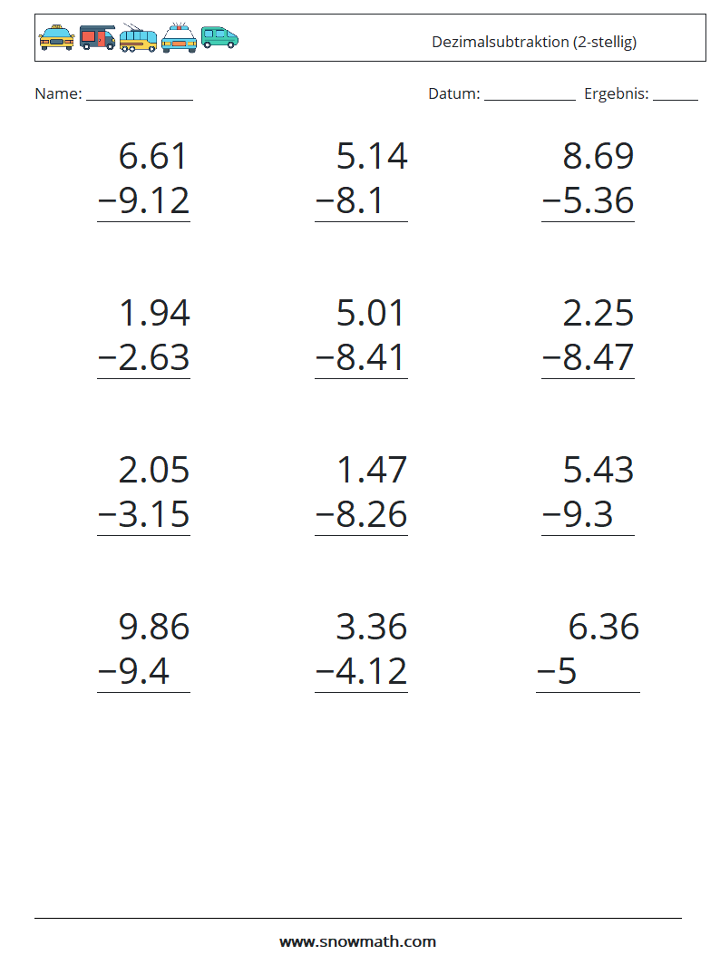 (12) Dezimalsubtraktion (2-stellig) Mathe-Arbeitsblätter 2