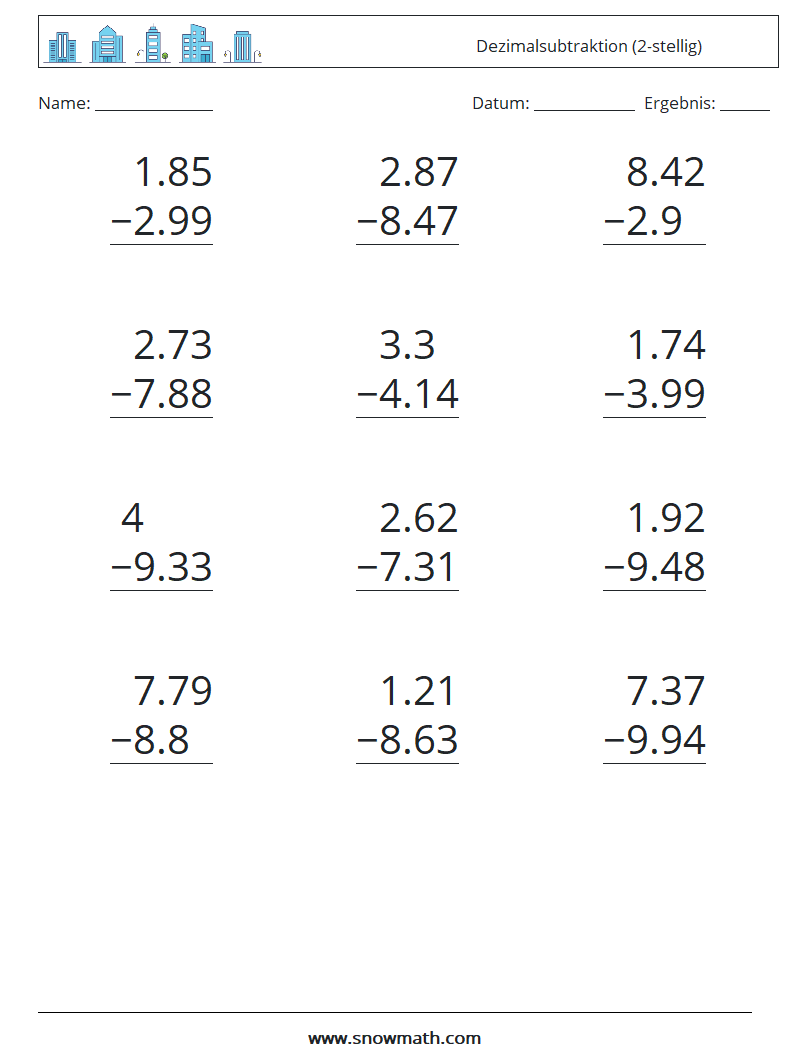 (12) Dezimalsubtraktion (2-stellig) Mathe-Arbeitsblätter 4