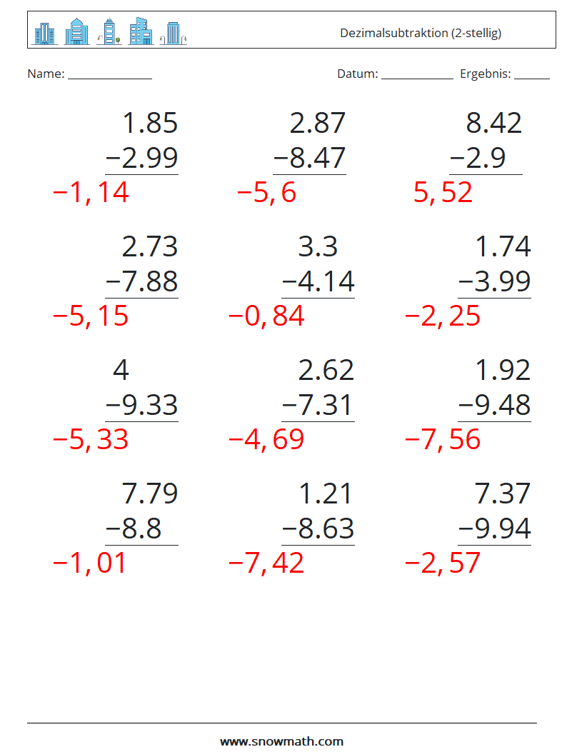 (12) Dezimalsubtraktion (2-stellig) Mathe-Arbeitsblätter 4 Frage, Antwort