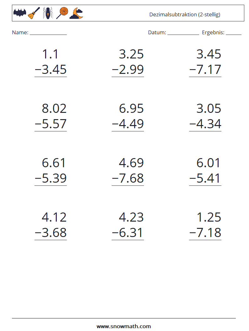 (12) Dezimalsubtraktion (2-stellig) Mathe-Arbeitsblätter 5