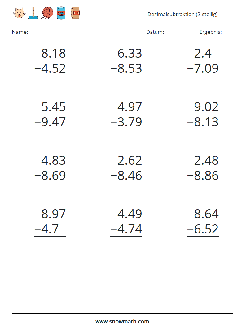 (12) Dezimalsubtraktion (2-stellig) Mathe-Arbeitsblätter 9