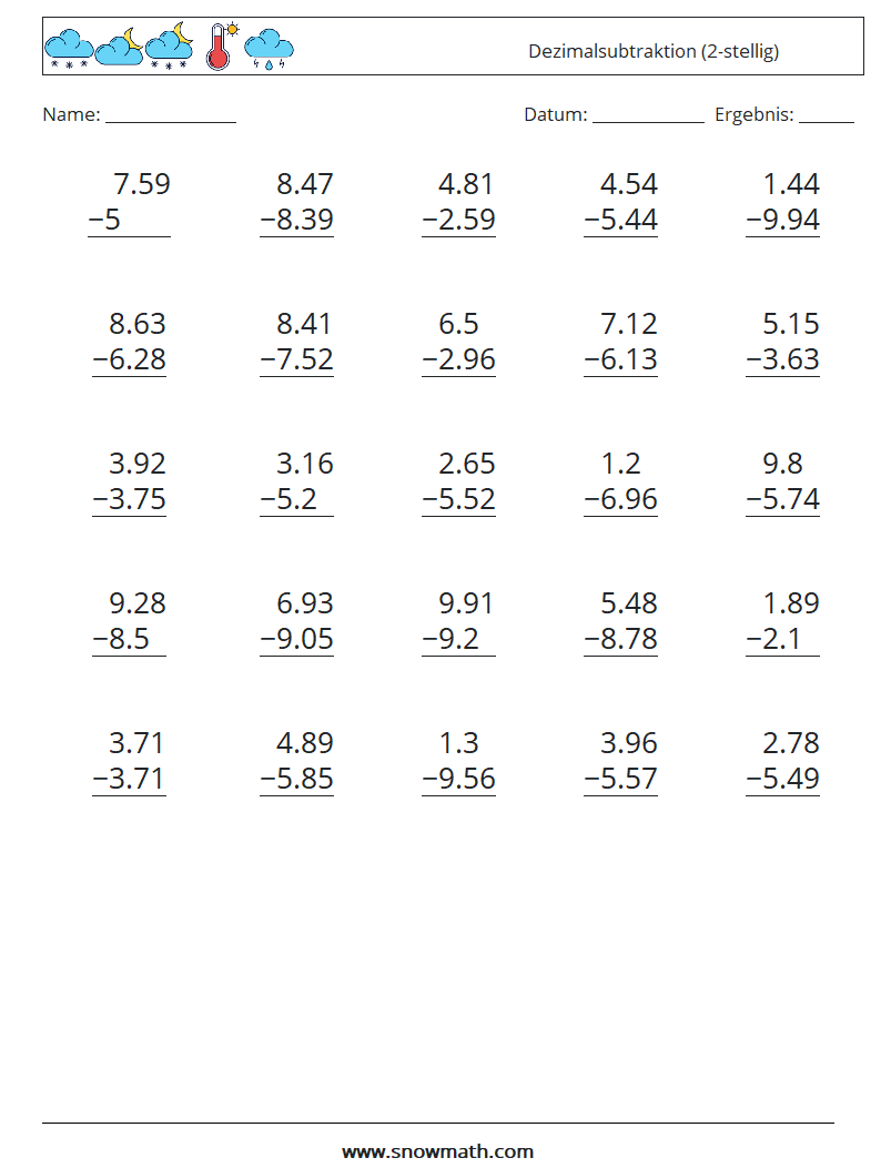 (25) Dezimalsubtraktion (2-stellig) Mathe-Arbeitsblätter 10