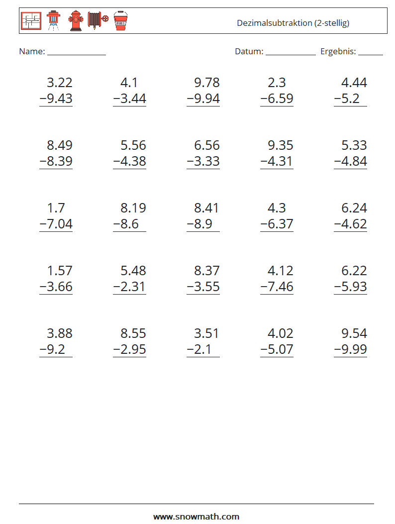 (25) Dezimalsubtraktion (2-stellig) Mathe-Arbeitsblätter 11