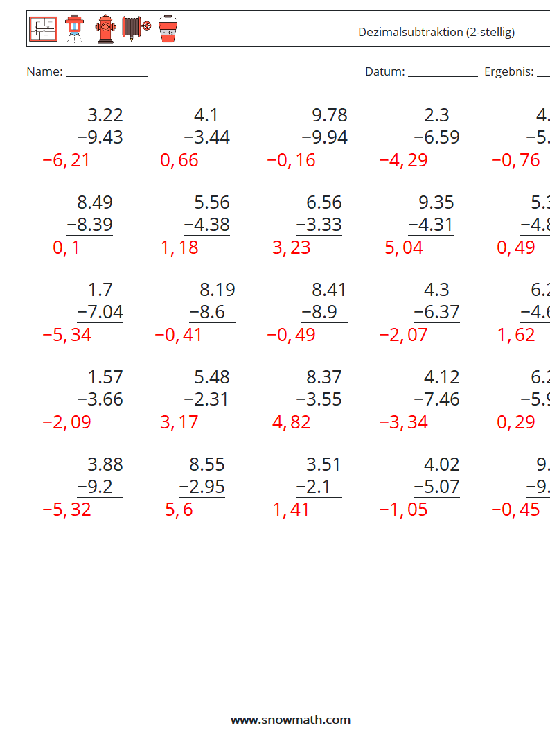 (25) Dezimalsubtraktion (2-stellig) Mathe-Arbeitsblätter 11 Frage, Antwort