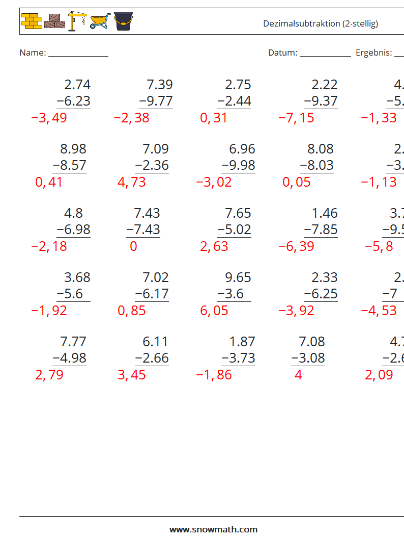 (25) Dezimalsubtraktion (2-stellig) Mathe-Arbeitsblätter 12 Frage, Antwort