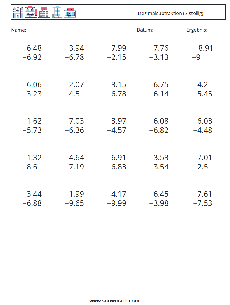 (25) Dezimalsubtraktion (2-stellig) Mathe-Arbeitsblätter 13