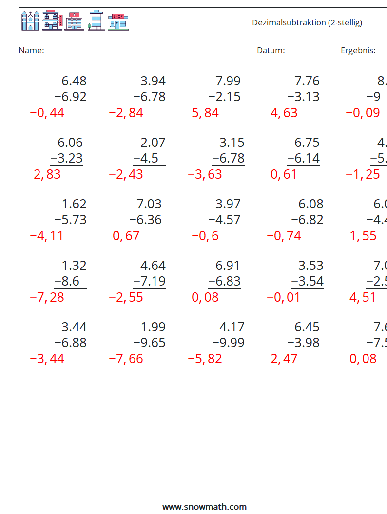 (25) Dezimalsubtraktion (2-stellig) Mathe-Arbeitsblätter 13 Frage, Antwort