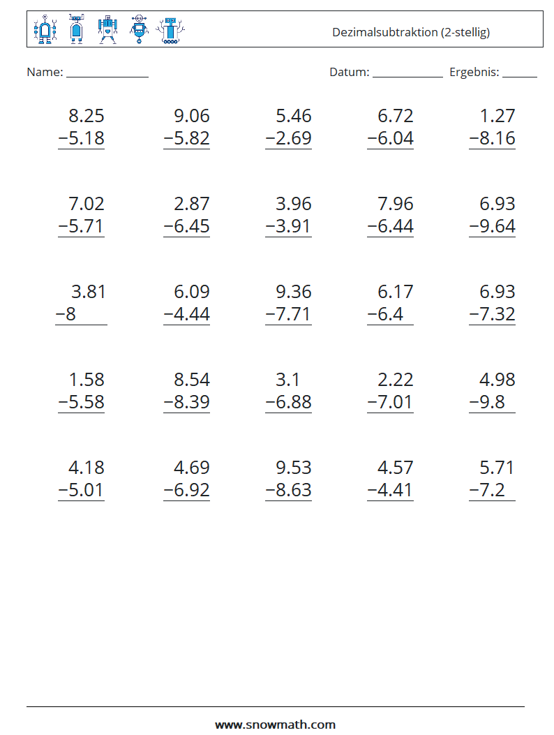 (25) Dezimalsubtraktion (2-stellig) Mathe-Arbeitsblätter 14