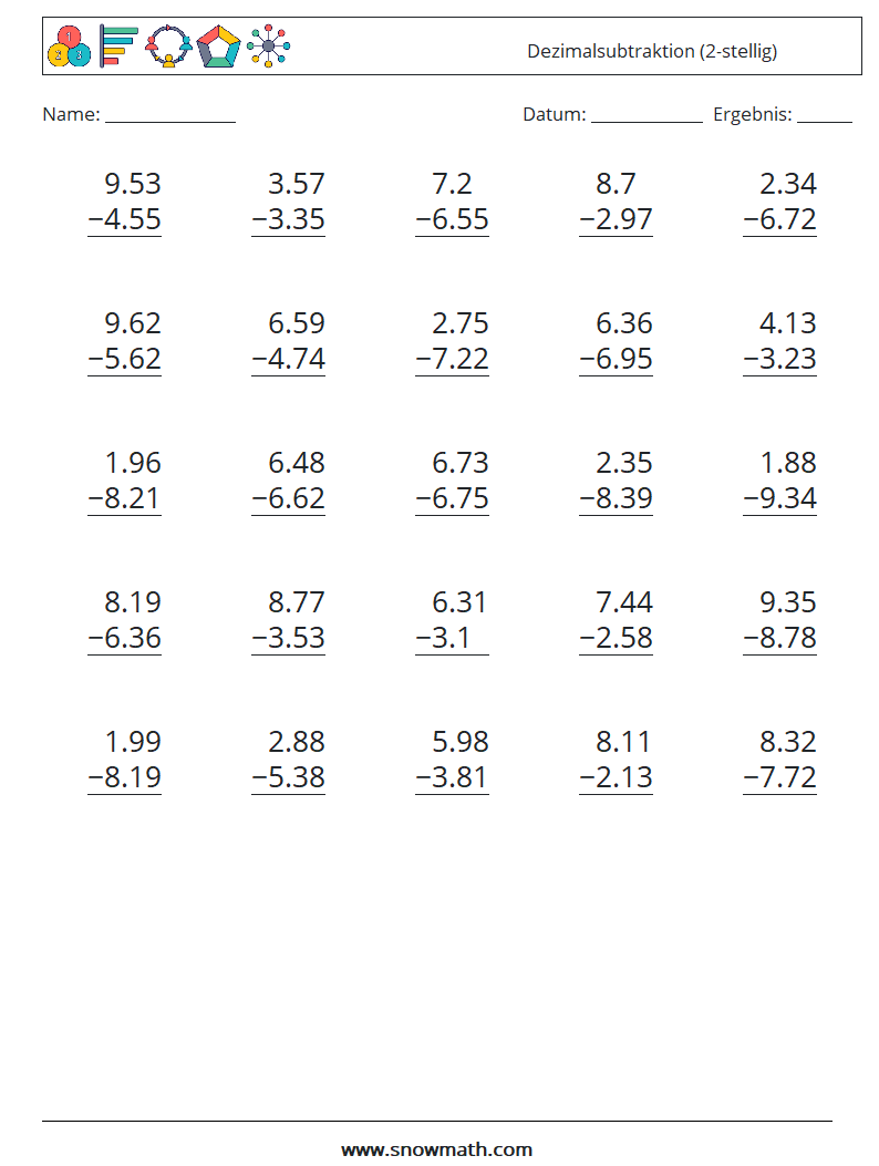(25) Dezimalsubtraktion (2-stellig) Mathe-Arbeitsblätter 15