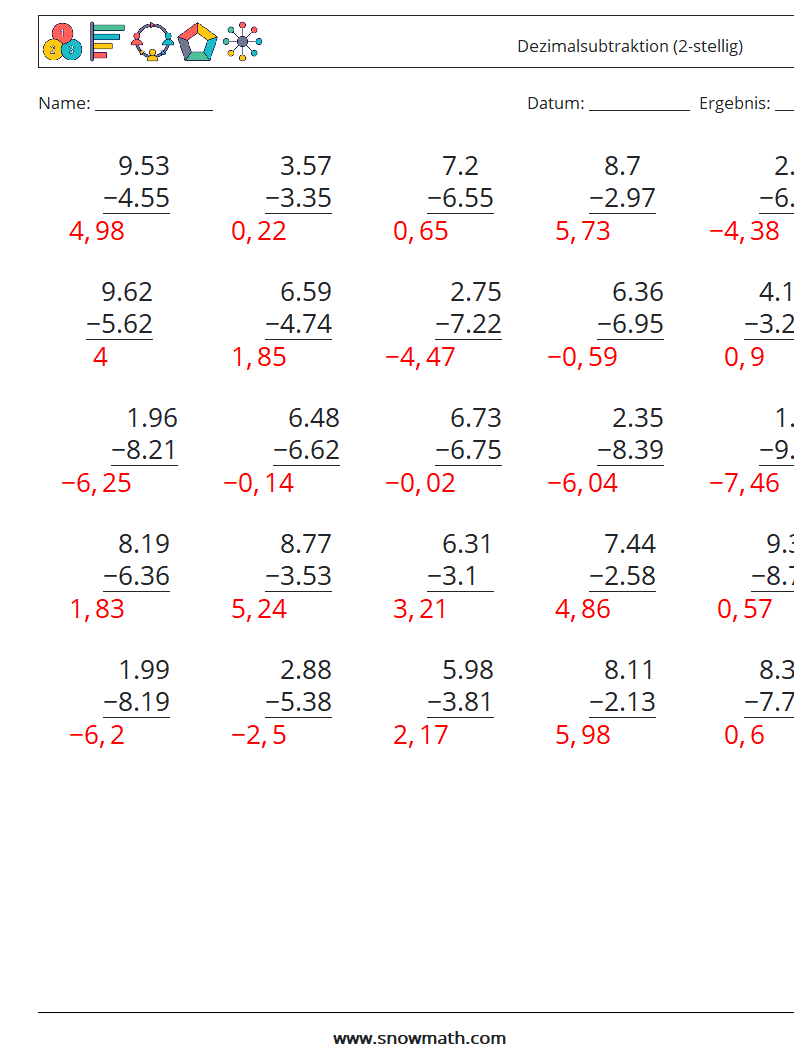 (25) Dezimalsubtraktion (2-stellig) Mathe-Arbeitsblätter 15 Frage, Antwort
