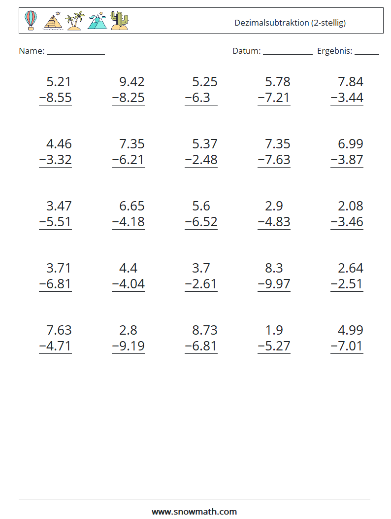 (25) Dezimalsubtraktion (2-stellig) Mathe-Arbeitsblätter 16