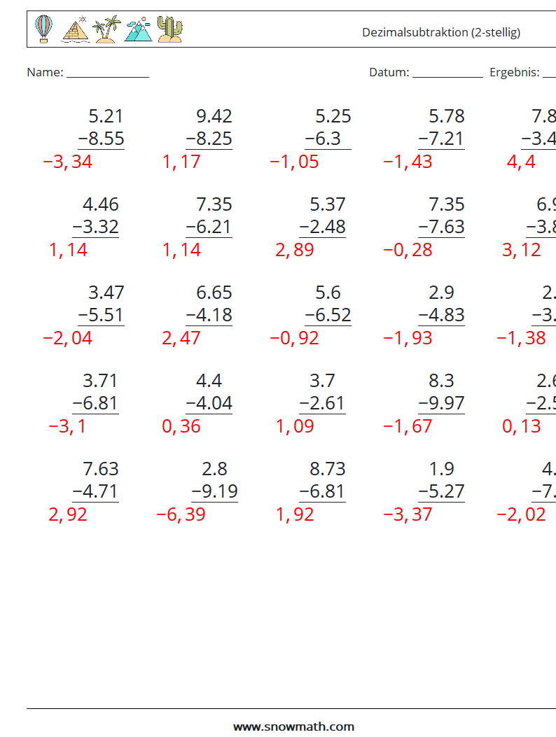 (25) Dezimalsubtraktion (2-stellig) Mathe-Arbeitsblätter 16 Frage, Antwort