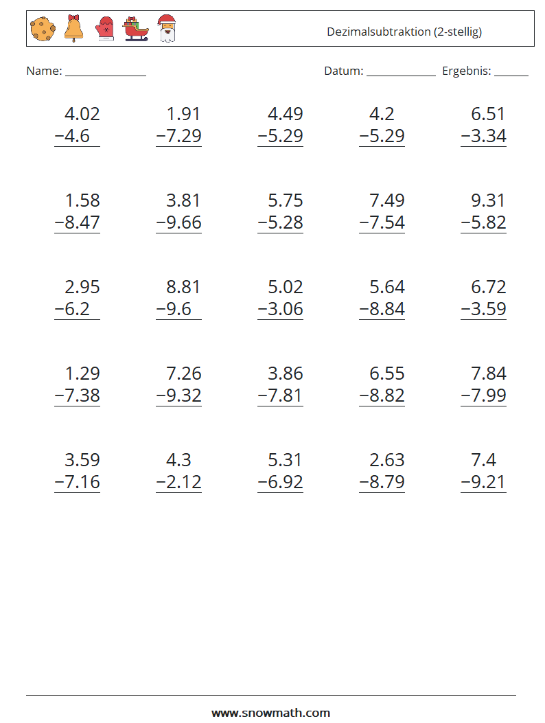 (25) Dezimalsubtraktion (2-stellig) Mathe-Arbeitsblätter 17