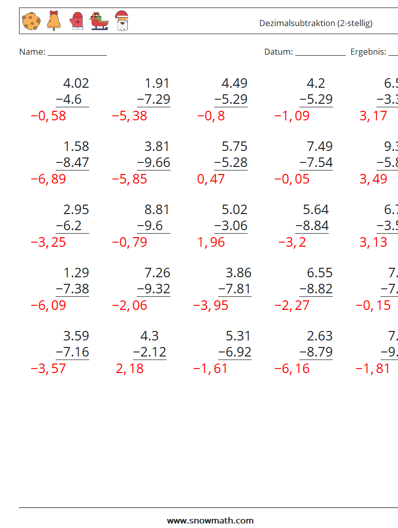 (25) Dezimalsubtraktion (2-stellig) Mathe-Arbeitsblätter 17 Frage, Antwort