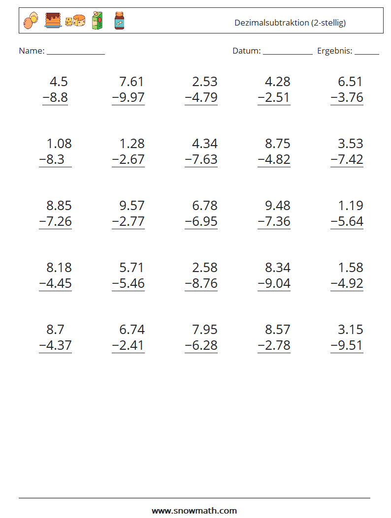 (25) Dezimalsubtraktion (2-stellig) Mathe-Arbeitsblätter 18