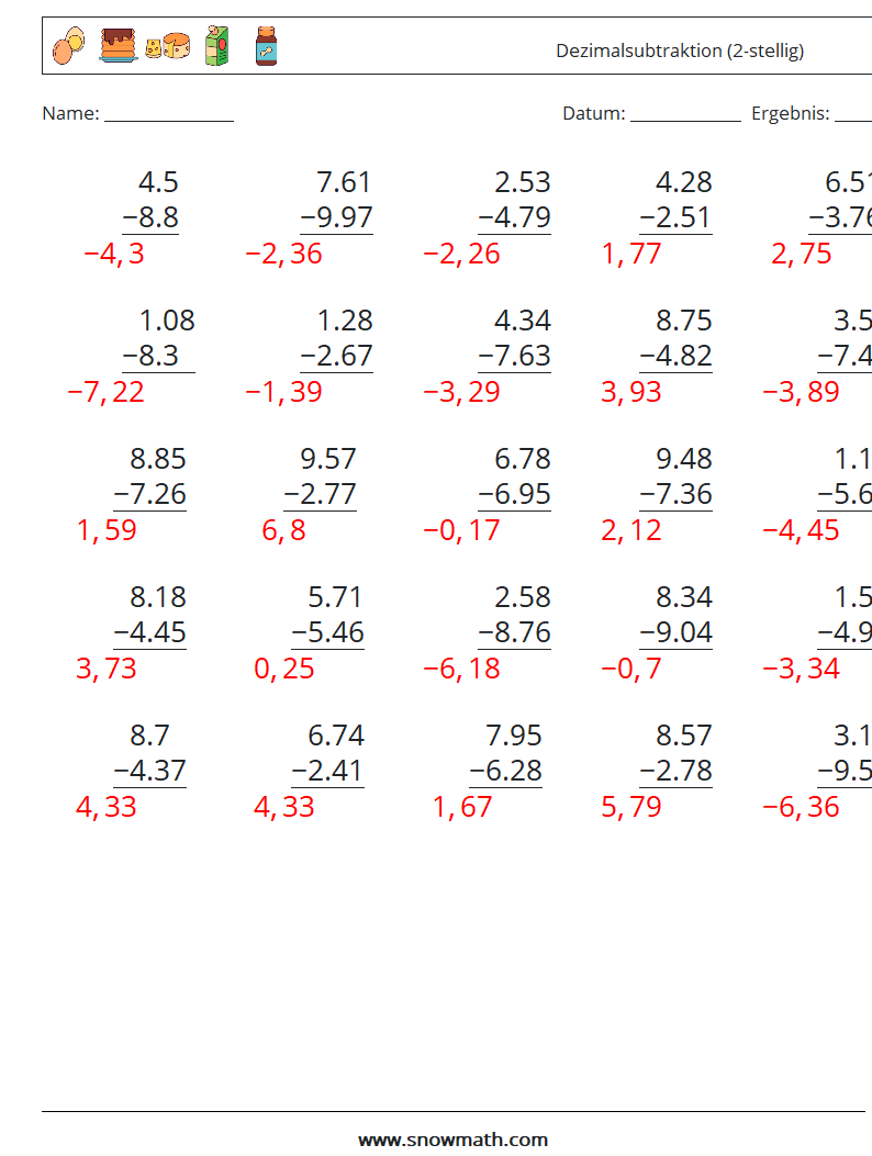 (25) Dezimalsubtraktion (2-stellig) Mathe-Arbeitsblätter 18 Frage, Antwort