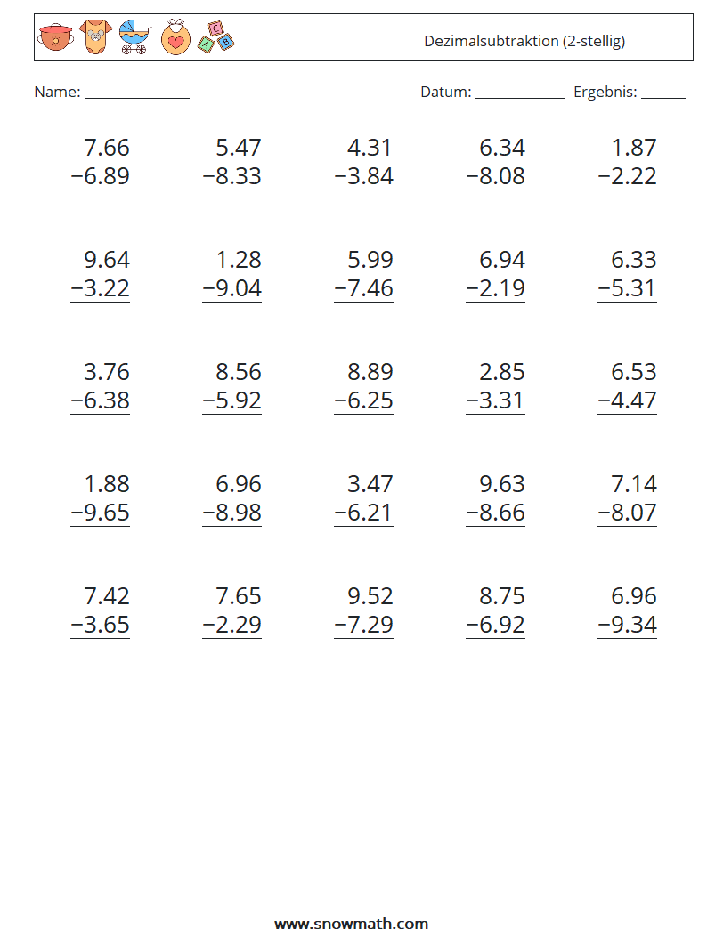 (25) Dezimalsubtraktion (2-stellig) Mathe-Arbeitsblätter 2