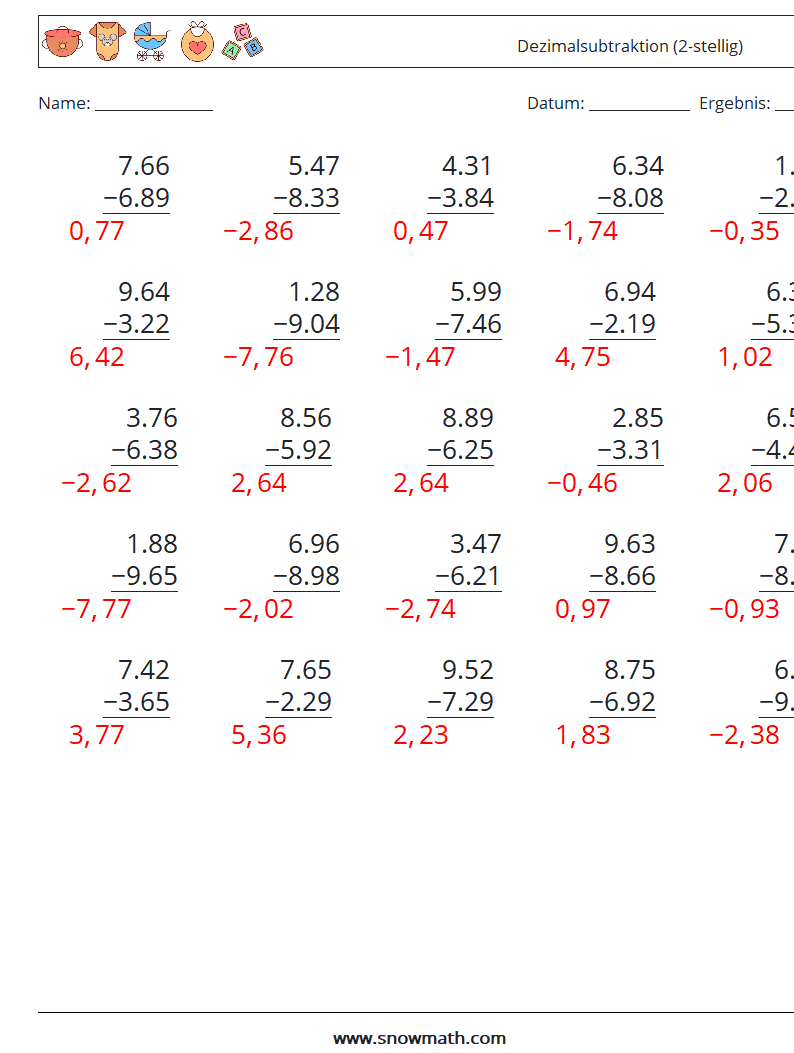(25) Dezimalsubtraktion (2-stellig) Mathe-Arbeitsblätter 2 Frage, Antwort
