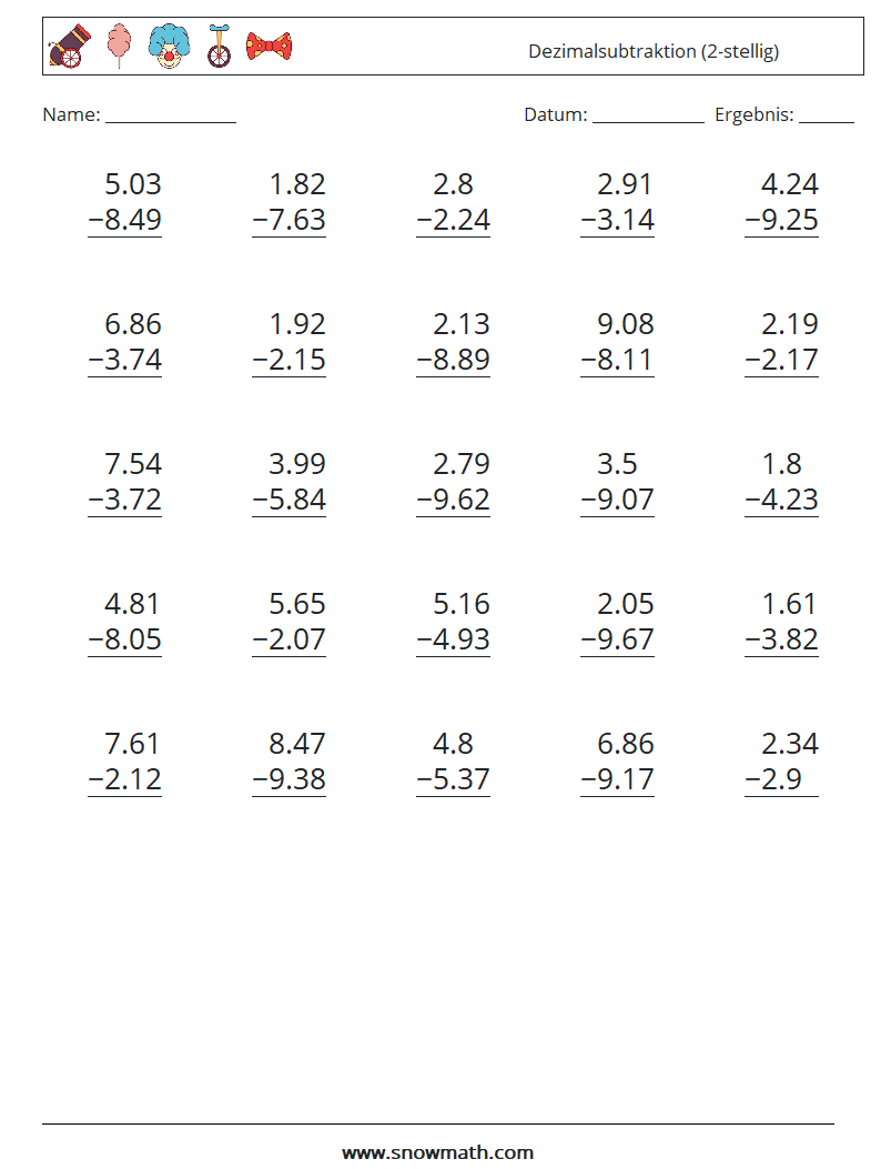 (25) Dezimalsubtraktion (2-stellig) Mathe-Arbeitsblätter 3