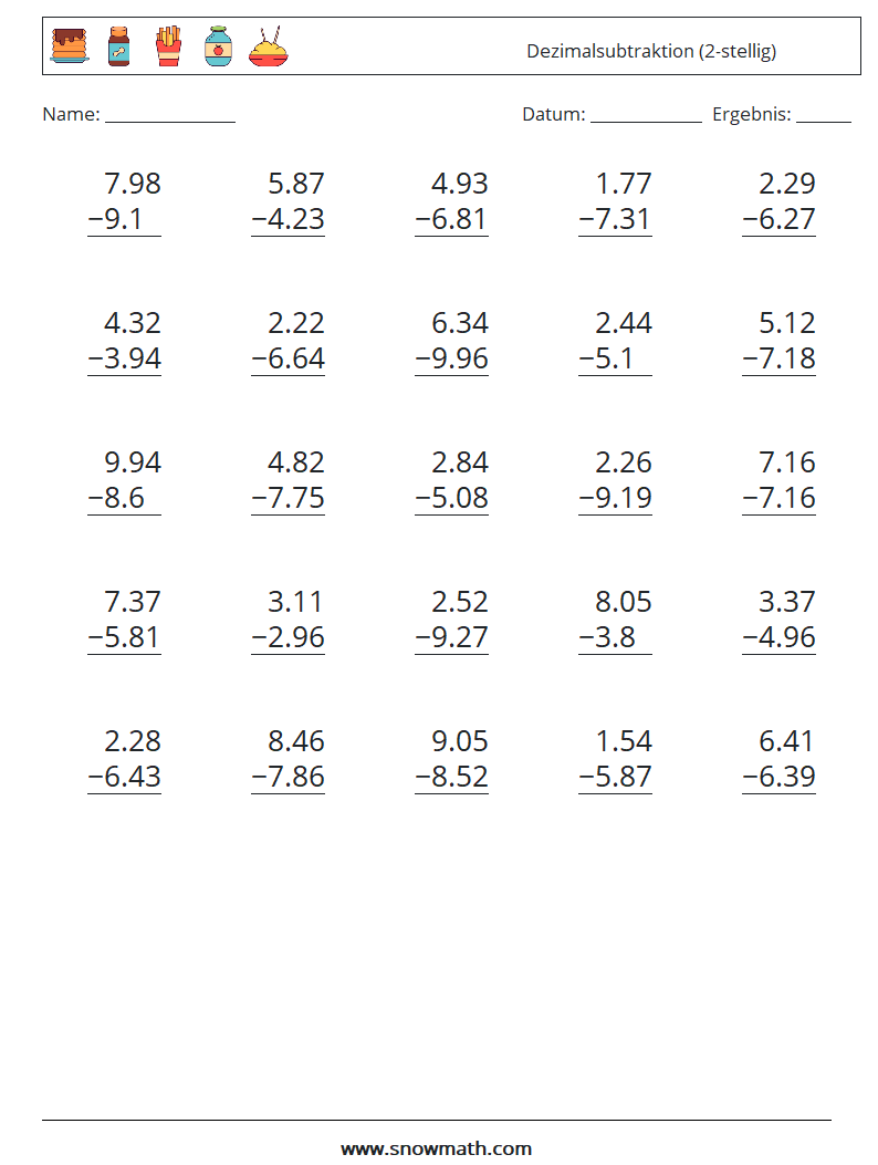 (25) Dezimalsubtraktion (2-stellig) Mathe-Arbeitsblätter 4