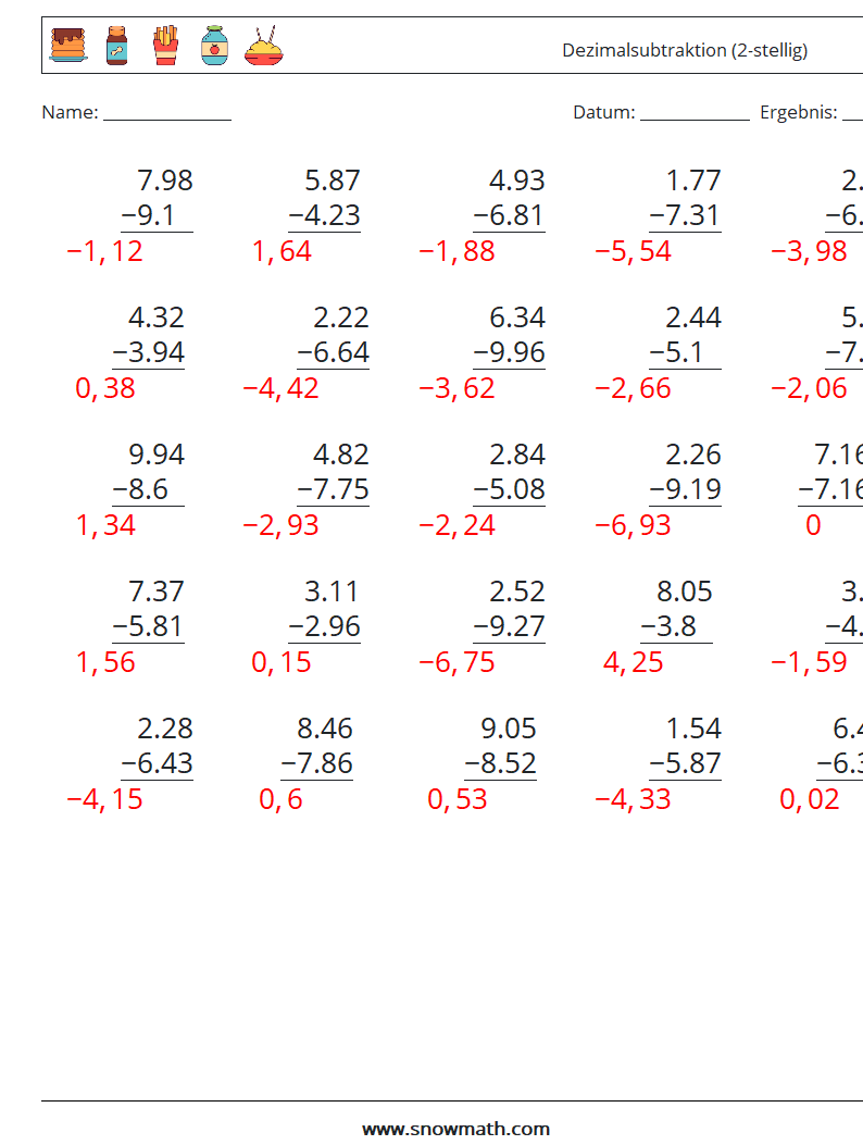 (25) Dezimalsubtraktion (2-stellig) Mathe-Arbeitsblätter 4 Frage, Antwort