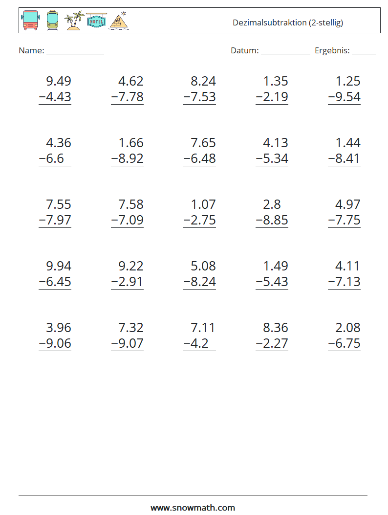 (25) Dezimalsubtraktion (2-stellig) Mathe-Arbeitsblätter 5