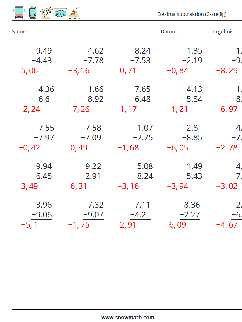 (25) Dezimalsubtraktion (2-stellig) Mathe-Arbeitsblätter 5 Frage, Antwort