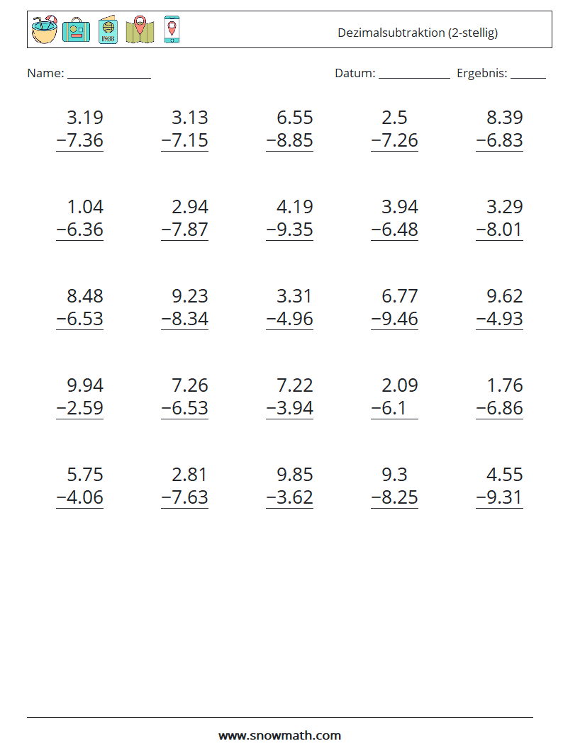 (25) Dezimalsubtraktion (2-stellig) Mathe-Arbeitsblätter 6