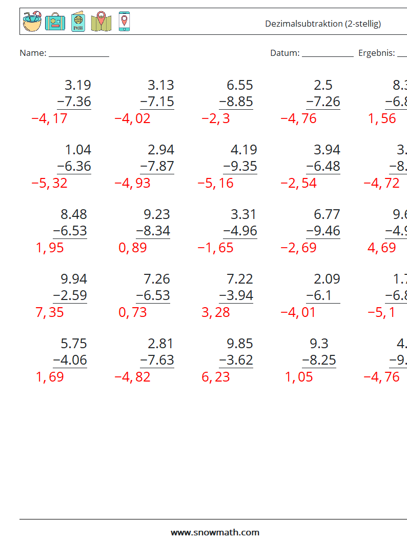 (25) Dezimalsubtraktion (2-stellig) Mathe-Arbeitsblätter 6 Frage, Antwort