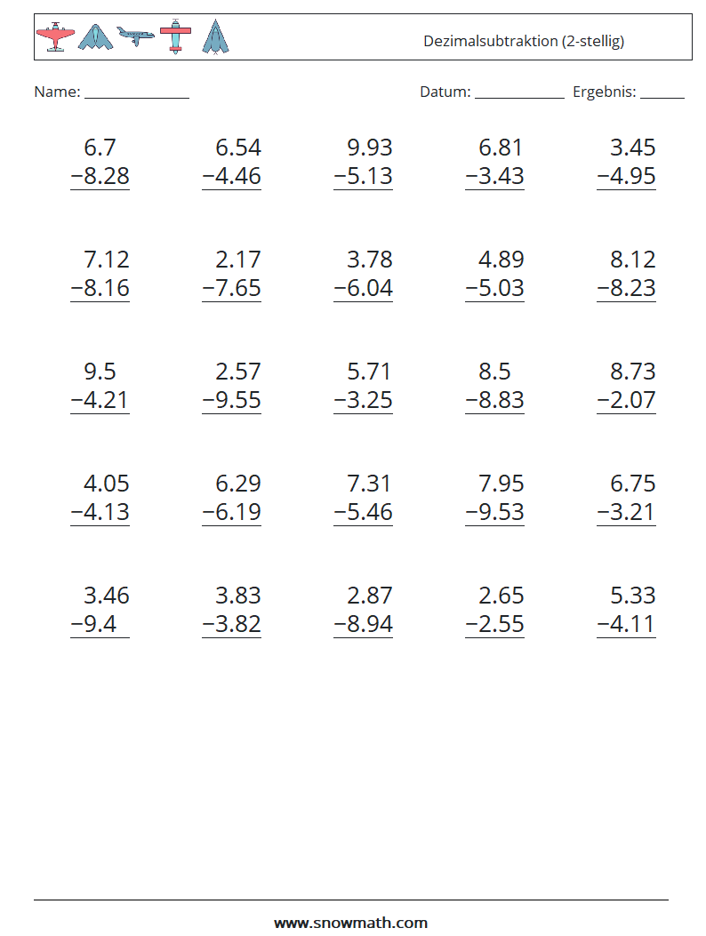 (25) Dezimalsubtraktion (2-stellig) Mathe-Arbeitsblätter 7
