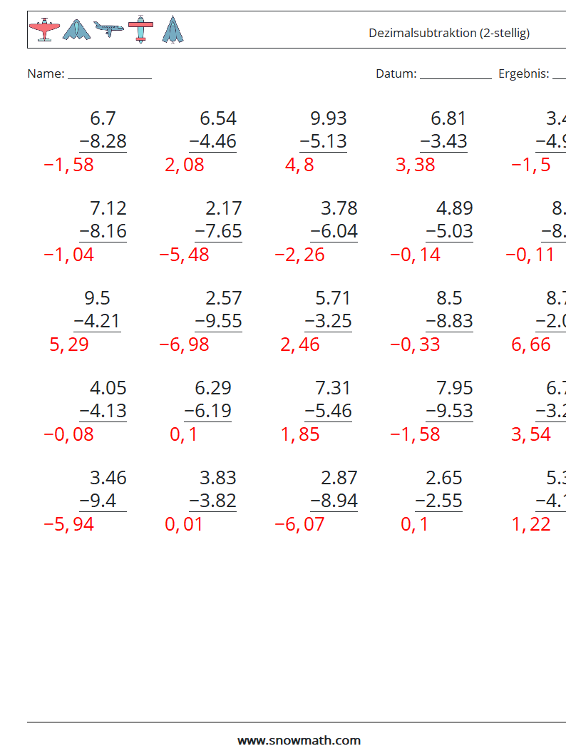 (25) Dezimalsubtraktion (2-stellig) Mathe-Arbeitsblätter 7 Frage, Antwort