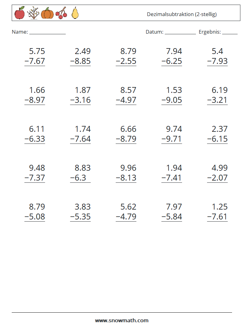 (25) Dezimalsubtraktion (2-stellig) Mathe-Arbeitsblätter 8