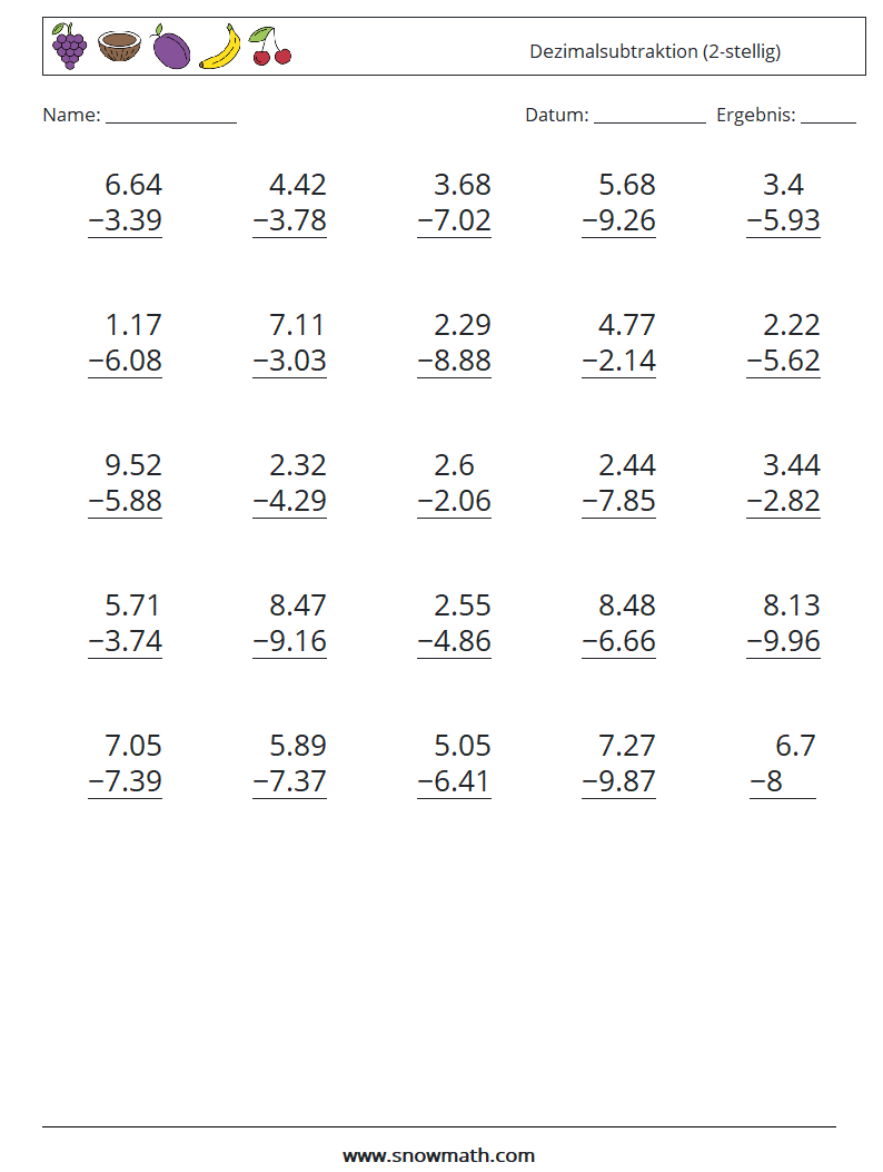 (25) Dezimalsubtraktion (2-stellig) Mathe-Arbeitsblätter 9