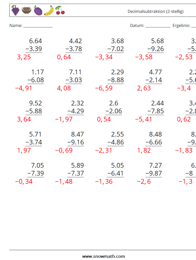 (25) Dezimalsubtraktion (2-stellig) Mathe-Arbeitsblätter 9 Frage, Antwort