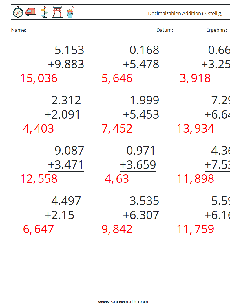 (12) Dezimalzahlen Addition (3-stellig) Mathe-Arbeitsblätter 10 Frage, Antwort