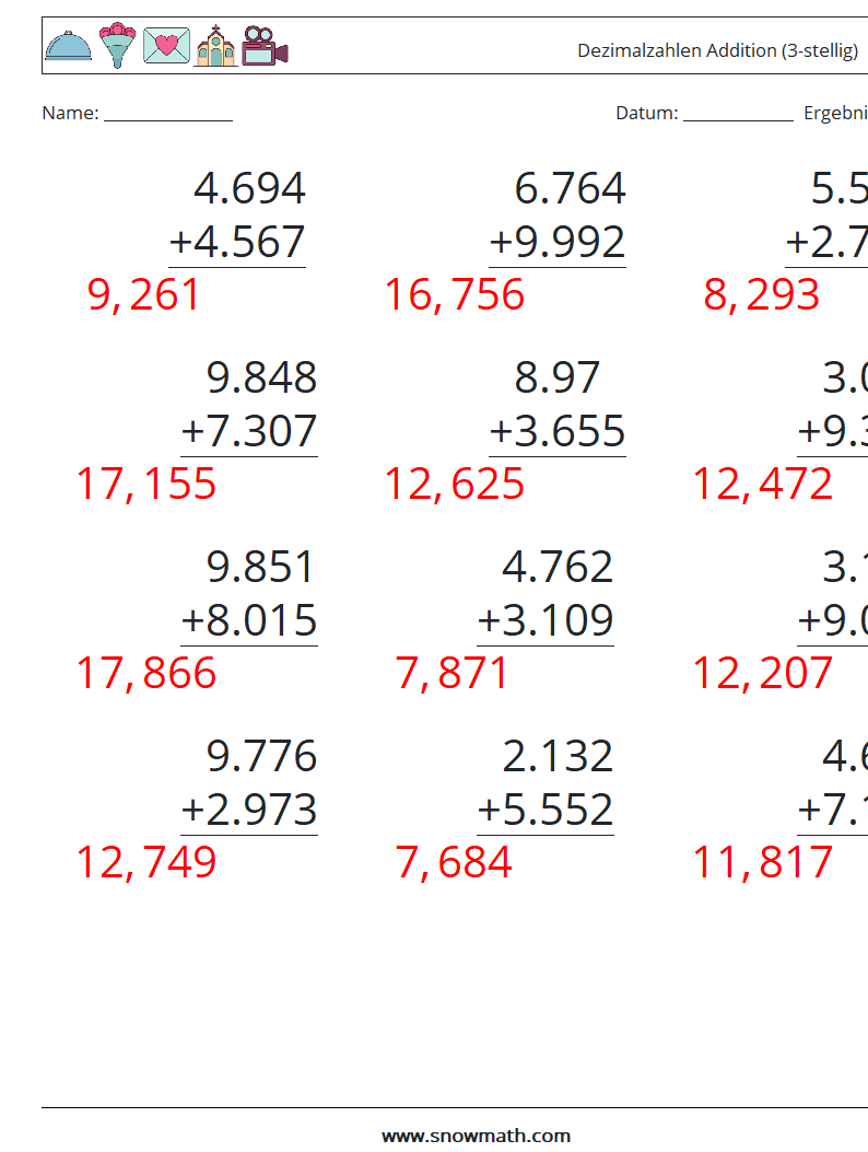 (12) Dezimalzahlen Addition (3-stellig) Mathe-Arbeitsblätter 14 Frage, Antwort