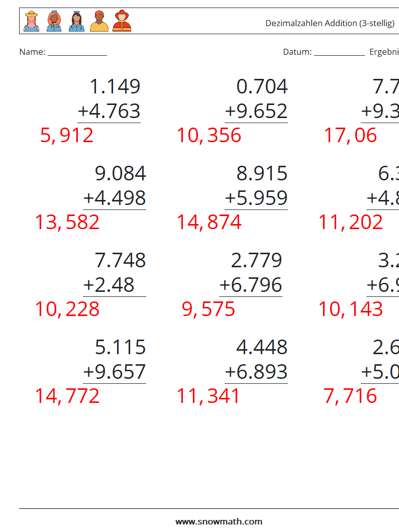 (12) Dezimalzahlen Addition (3-stellig) Mathe-Arbeitsblätter 15 Frage, Antwort