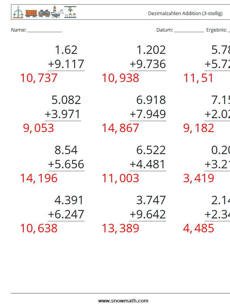 (12) Dezimalzahlen Addition (3-stellig) Mathe-Arbeitsblätter 18 Frage, Antwort